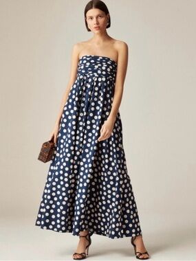 J. Crew Navy Strapless Polka Dot Maxi Dress